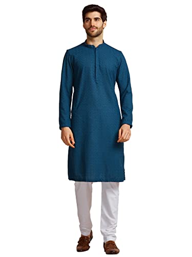 Image of Manyavar Men's Cotton Blend Self-Design Kurta Pyjama Set (2pcs)