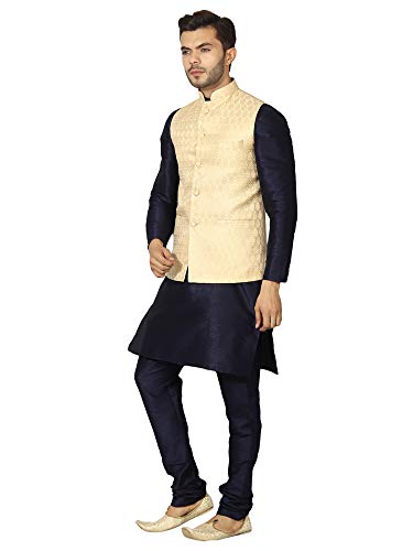 Image of Uri and MacKenzie Men's Silk Blend Regular Kurta Churidar Pyjama with Bundi Nehru Jacket /Waistcoat