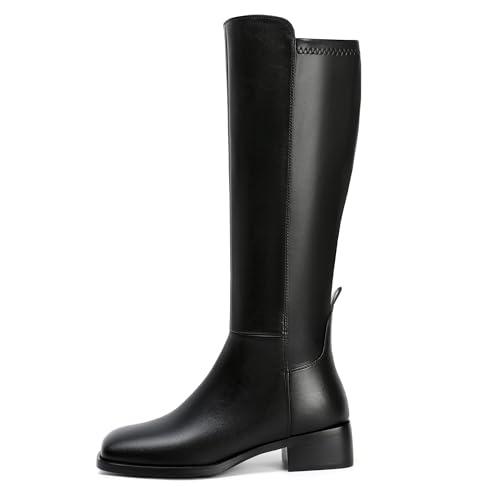 Image of vivianly Women's Knee-High Boots, Faux Leather Elastic Boots Low Heel Square Toe, Side Zipper Tall Boots