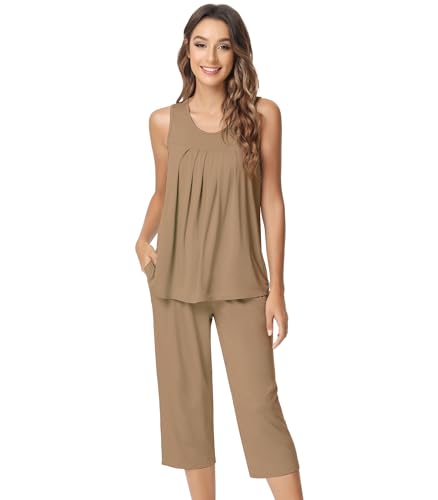Image of NACHILA Pajamas for Women-Viscose Made from Bamboo, Sleeveless Pjs Tank Top Capri Pants Pajama Sets Cooling Sleepwear