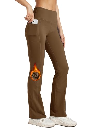 Willit Women's Fleece Lined Pants Yoga Bootcut Thermal Winter Pants High Waisted Flare Leggings Water Resistant Coffee Brown M