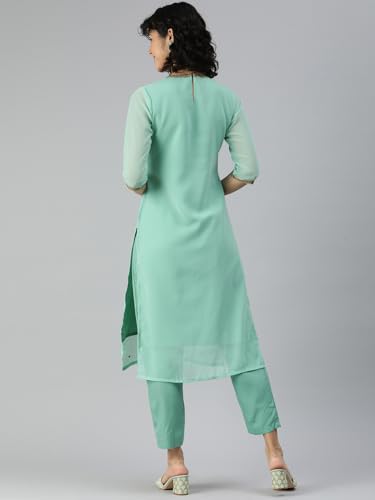 Image of Saanjh Women's Faux Georgette Embellished Printed Straight Kurta with Bottom||Kurta Set
