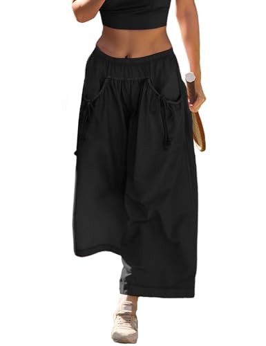 Wyeysyt Womens Wide Leg Track Pants Loose Drawstring Elastic Waist Capri Hiking Baggy Pants with Pockets