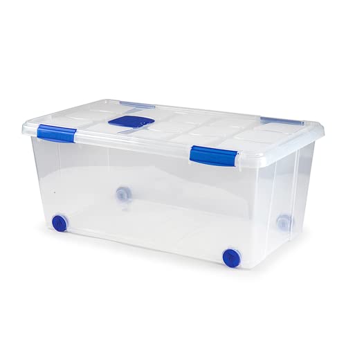 ForenTex Caja Almacenaje Plástico 61L con Tapa y Cierres (N7) – Transparente, Apilable, para Equipamiento Deportivo, Herramientas Eléctricas, Ropa de Cama y Juguetes Grandes