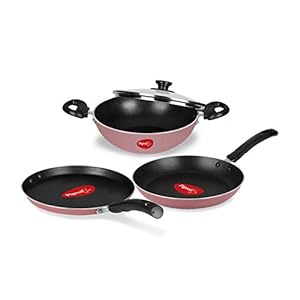 Pigeon Basics Non Induction Base Nons tick Aluminium Cookware set, including Nonstick Dosa Tawa, Nonstick Kadai With…