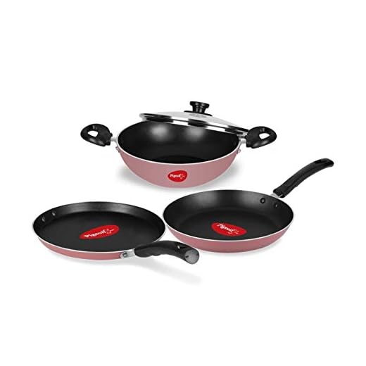 Pigeon Basics Non Induction Base Nons tick Aluminium Cookware set, including Nonstick Dosa Tawa, Nonstick Kadai With Glass Lid, and Nonstick Frying Pan, (Pink)