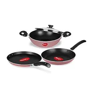 Pigeon Basics Non Induction Base Nons tick Aluminium Cookware set, including Nonstick Dosa Tawa, Nonstick Kadai With Glass Lid, and Nonstick Frying Pan, (Pink)