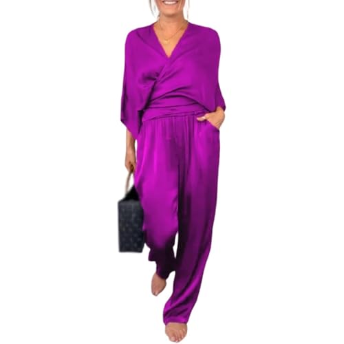 Women's V-Neck Casual Comfortable Satin Suit 3/4 Sleeve V Neck Long Sleeve and Wide Leg Oversized 2 Piece Outfits - Main Image