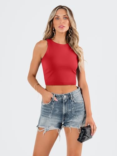 Image of EFAN Women's Double Lined Racerback Crop Tank Top | High Neck Slim Fit Sleeveless Workout Top, No-Bra Essential for Gym, Yoga & Going Out