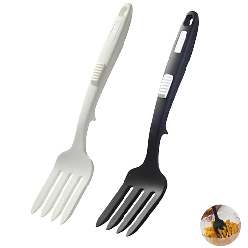 2 Stücke Flexible Kochgabel Silikon, Kuchengabel Groß, Mix Gabeln, Tafelgabeln, Menügabeln, Serviergabel,-Antihaftbeschichtet, Hitzebeständig, Für Küchenhelfer und Kochzubehör (Schwarz, Weiß)179g