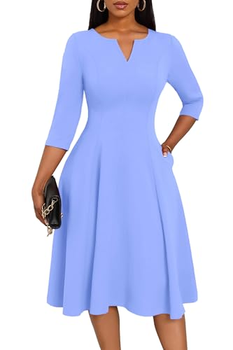 Nmoder Church Dresses for Women A-Line Midi Dress with Pockets Light Blue