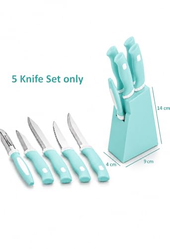 Image of 5-Piece Kitchen Knife Set with Stand, Stainless Steel Blades, Includes Peeler, 14x9x4 cm Block Multicolour