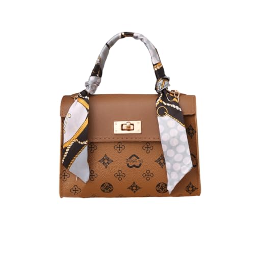 Bolsa transversal com corrente e fecho magnético, carteira feminina, moderna, estampa retrô, bolsa de ombro nas axilas, alça de ombro removível, Marrom, Small