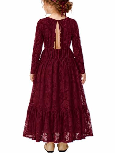 ALLOVIN Toddler & Girls Long Sleeve Lace Flower Girl Dress - Burgundy Boho A-Line Maxi Dress for Wedding & Communion