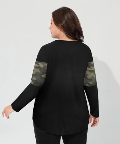 Image of CARCOS Plus Size Tops for Women Color Block Flower /Striped /Camo Crew Neck Long Sleeve Tee Shirt