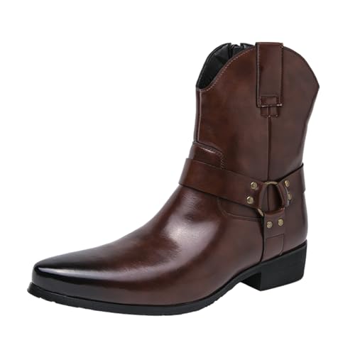 Men's Western Cowboy Boots - Fashion Pointed Toe Chunky Low Heel Belt Buckle Side Zipper Ankle Retro Classic Anti-Slip Short Boots