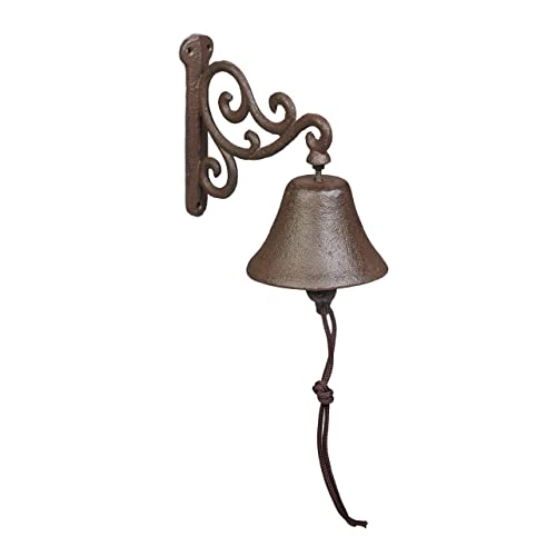 Relaxdays Gusseisen Türglocke Campana Pared Arabescos Hierro Fundido, Diseño Envejecido, Retro, con Cuerda, Timbre para Exterior, Marrón, 15,5 x 10 x 17,5 cm Aprox