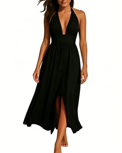 Image of Womens Backless Dress Sexy Halter Deep V Neck Maxi Dresses Sleeveless Long Cocktail Dress with Slit