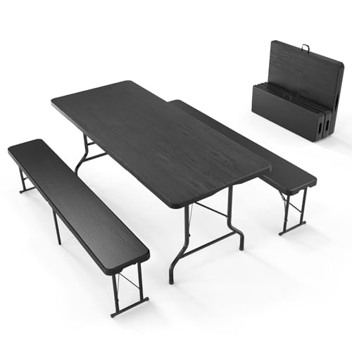 VINGLI Picnic Table Set with 2 Benches, 6 Feet Camping Table Chair Set, 3-Piece Folding Furniture for Indoor or Outdoor Use, Tree Patterned HDPE Tabletop, Black