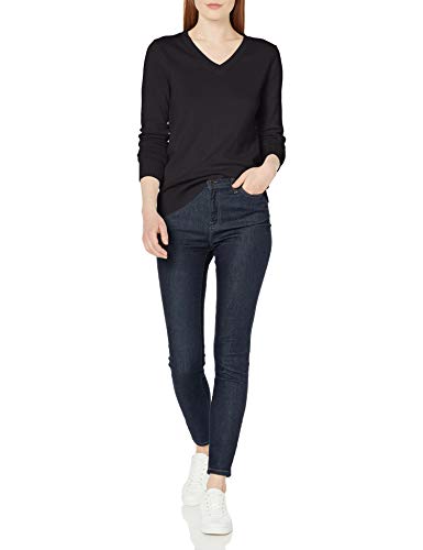 Amazon Essentials Women's 100% Cotton Long-Sleeve V-Neck Sweater, Black, Large