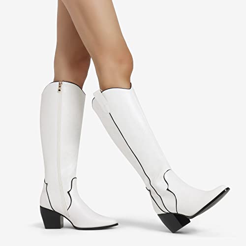 Image of DREAM PAIRS Womens Cowboy Boots Wide Calf Comfortable Pull On Zipper Chunky Heel Pointed Toe Embroidered Western Cowgirl Knee High Boots Ladies Retro Tall Boot