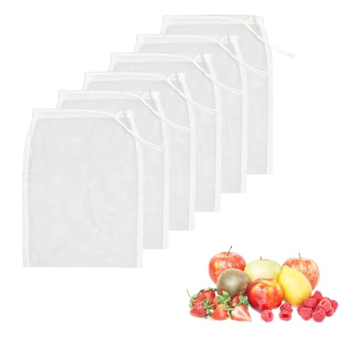Set di 6 sacchetti per latte di noci, riutilizzabili, 20 x 30 cm, in nylon, per latte di noci, formaggio, caffè, succo di frutta, yogurt, lavabile con coulisse, sacchetto filtro in tessuto fine