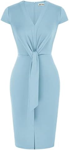 GRACE KARIN Women's Summer Midi Dresses Cap Sleeve Tie Waist Work Dress Slit V-Neck Bodycon Dress Business Casual Outfits