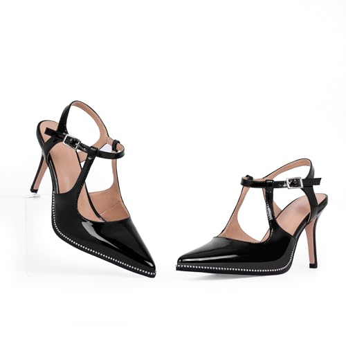 Women's Patent Leather T-Strap Stilettos High Heels Closed Pointed Toe Buckle Strap Dress Shoes Sexy Pumps3