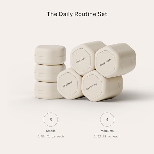 Cadence Travel Containers - Daily Routine Capsule Set - Magnetic Travel Capsules - For Shampoo, Conditioner, Body Wash, Pills, and More - 4 Flex Mediums (1.32oz) & 3 Flex Smalls (0.56oz) - Sand