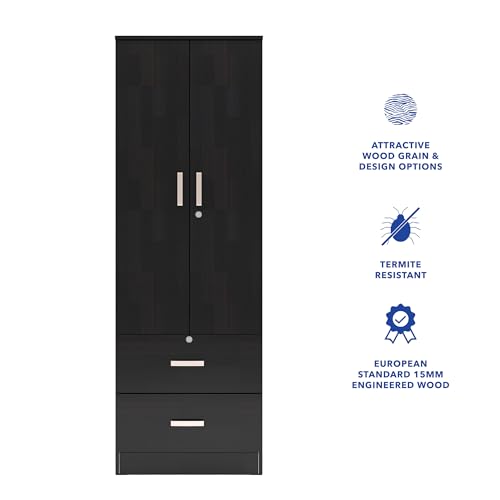 Image of DF2H Wardrobe | 1 Year Warranty | 2 Doors Cupboard, Ren, with Drawer, Wooden Almirah Wenge Colour (Melamine Finish)