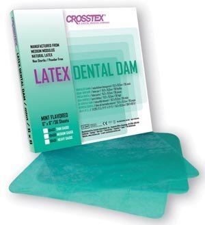 Crosstex 19400 Dental Dam, Latex, Mint Flavor, Medium Gauge, 6" x 6" Size, Green Pack of 36