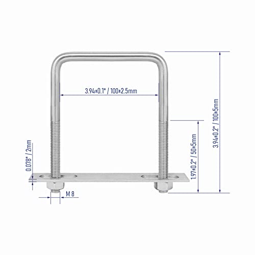 Image of 304 Stainless Steel Square U-Bolts 3.94 inch(100mm) Inner Width, 3.94 inch(100mm) Length Stainless M8 with Nuts, Frame Plate, Accessories for Automobiles Trailer, Boat Trailer Industrial Parts