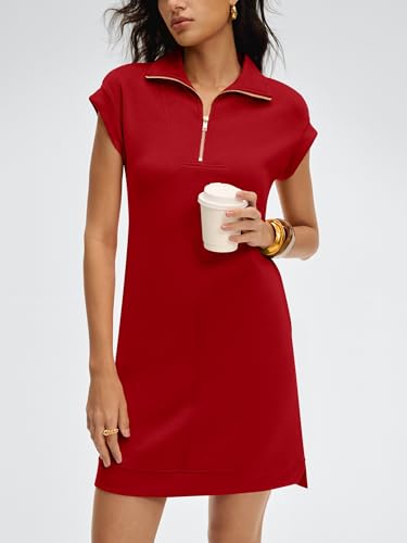 Image of ANRABESS Womens Summer Casual Half Zip Cap Sleeve Trendy Wrinkle-Free Tshirt Dress 2026 Spring Beach Vacation Short Dresses