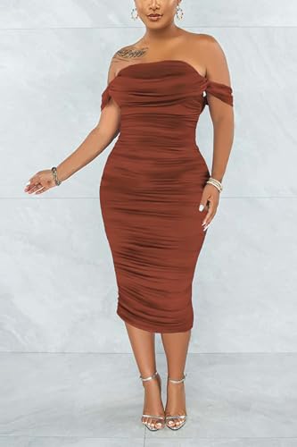 Image of Fooullaide Women's Sexy Off Shoulder Sleeveless Bodycon Ruched Midi Dress | Stretchy, Breathable, Mesh, Not See-Through, Elegant,Formal Gown, Cocktail, Evening, Party, Night Out Tube Dresses