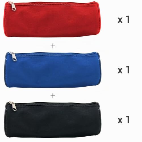 Waytex Lot de 3 Trousses Ronde Fourre-Tout Crayons Fournitures Scolaires Longueur 21cm Diamètre 7.5cm – 3 Couleurs Assorties Noir, Bleu, Rouge – vue 3