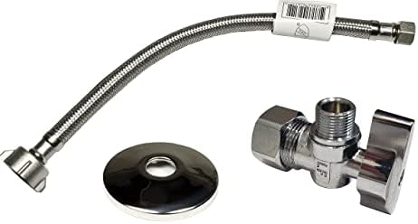 Complete Toilet Set Valve 1/2 in. NOM Inlet x 3/8 in. OD Compression Outlet Angle Shut Off + Escutcheon Plate + 12" Long Stainless Steel Braided Brass Nut Water Supply Line