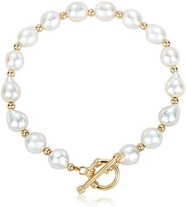 KVLmoze Pearl Bracelet 6mm Handpicked Pearl Chain 18k Gold Plated Delicate Vintage Y2k Jewelry Gifts for Mom Women Girls