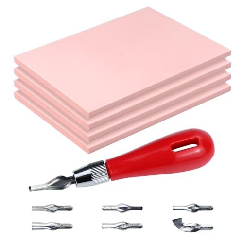 UPlama 4 Pack Rubber Carving Blocks 4x6 Inch with Lino Cutter Tool Set, Soft Rubber Stamp Making Kit for Block Printing, Linoleum Blocks for Printmaking and DIY Stamp Crafts, Pink