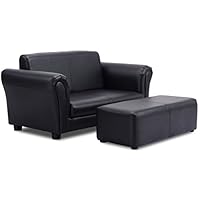 Costzon Kids Couch with Footstool, 2 in 1 Double Seat Children's Sofa w/PU Leather Surface, Armrest Chair Lounge, Soft Kids Sofa for Preschool Bedroom Kids Room Toddlers Boys Girls Birthday (Black)