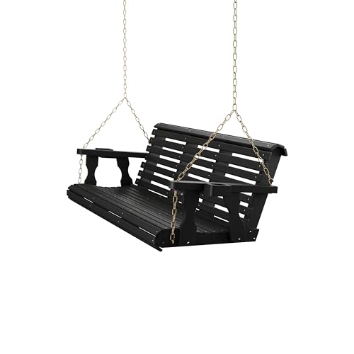 Image of Amish Casual Heavy Duty 700 Lb Capacity Porch Swing with Cup Holders (6 Foot, Semi-Solid Black Stain) - Wooden Outdoor Roll Back Swing with Hanging Chains - Amish Made in the USA