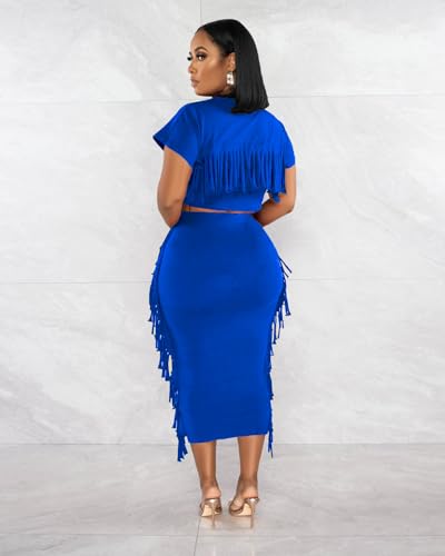 Image of YUEWOO 2 Piece Outfits for Women Sexy Crop Top Ruched Bodycon Maxi Dresses Fringe Skirt Sets Night Club Jumpsuits