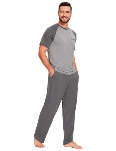GYS Bamboo Viscose Pajamas for Men Short Sleeve Top and Pants Pajama Set 2 Piece Sleepwear Loungewear Set3