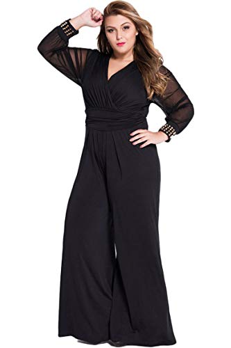 Cokarsey Womens Plus Size Jumpsuits Long Sleeve V-Neck Casual Style Set, Black, 4X-Large