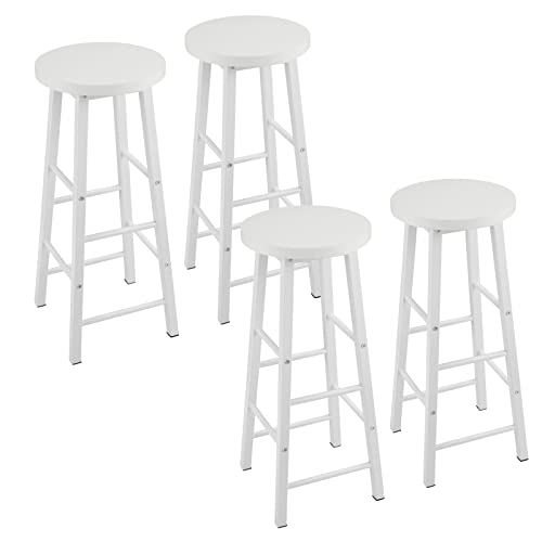 WOLTU Taburete de Bar Juego de 4, Taburete Alto Cocina con Reposapies, para Salon Cocina Estructura de Metal, Asiento de MDF, Blanco