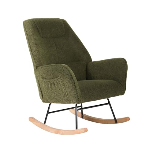 OIKITURE Sherpa Upholstered Rocking Chair, Accent Armchair with Rubberwood Rocking Base, Side Pocket, Anti-Slip Protective Base Mat, Nursing Chairs for Bedroom, Living Room, 52x79x94cm, Green