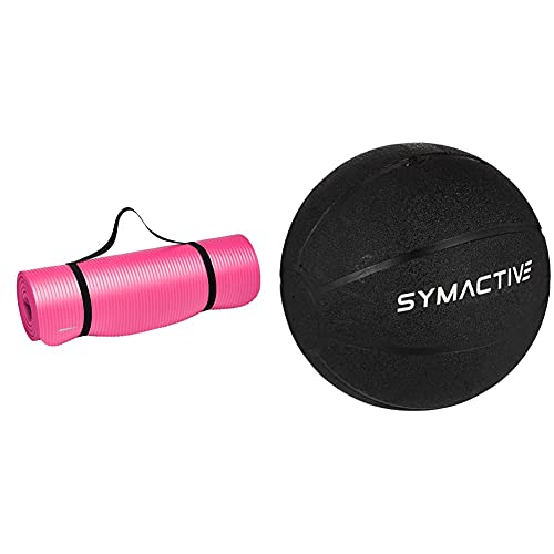 Image of AmazonBasics 13mm Extra Thick Yoga and Exercise Mat with Carrying Strap, Pink and Amazon Brand - Symactive Medicine Ball, 1 KG Combo
