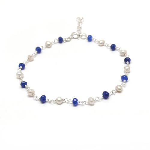 925 Sterling Silver With 3-3.5mm Multi Beads With Pearl Necklace, Silver with Beaded Handmade Boho Style Jewelry, Dainty Silver Chain Gift (Silver Finish, Peridot With Pearl, 24 Inch)