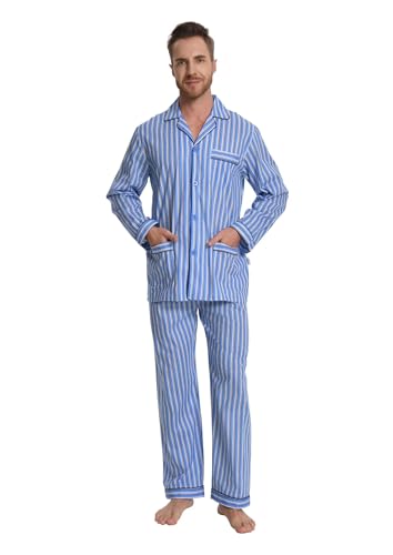 Image of GLOBAL Mens Pajamas Set, 100% Cotton Woven Drawstring Sleepwear Set with Top and Pants /Bottoms