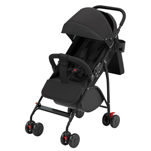Cochecito de bebé ultraligero, compacto, plegable e inclinable, desde el nacimiento hasta los 25 kg, con sistema de carrito, protector de lluvia incluido, capucha extensible, C-negro