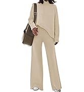 Fixmatti Women Knitted Outfits High Neck Sweater Wide Leg Pant Set 2 Pieces Sweatsuit